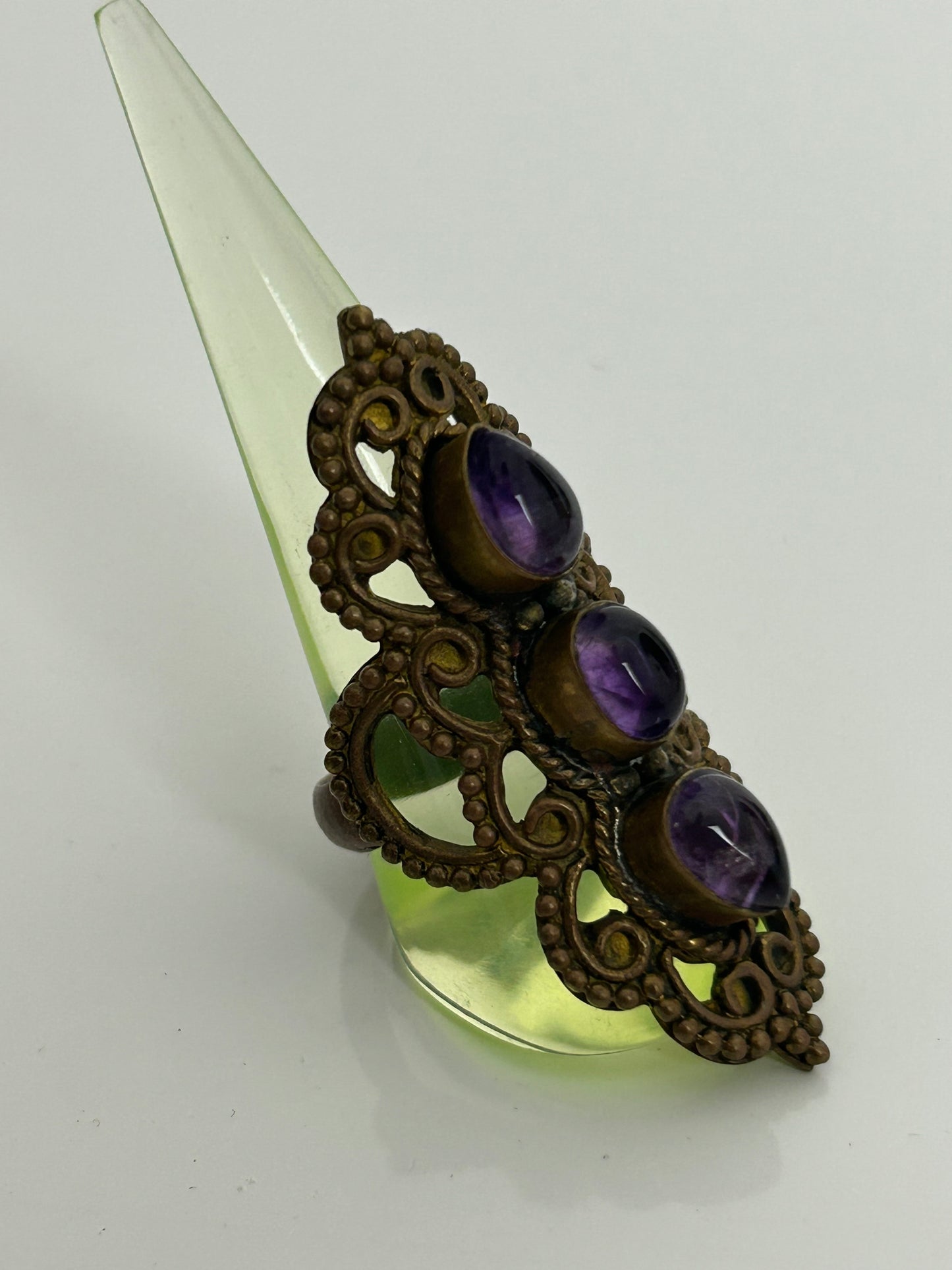 Vintage Mixed Metal Dark Gold Purple Stone Set Long Filigree Ring Size R