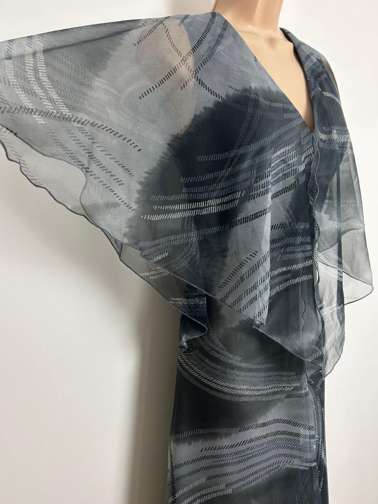 Vintage 1970s Size 10-12 Grey Tones Chiffon Polyester Cape Sleeve Boho Maxi Dress