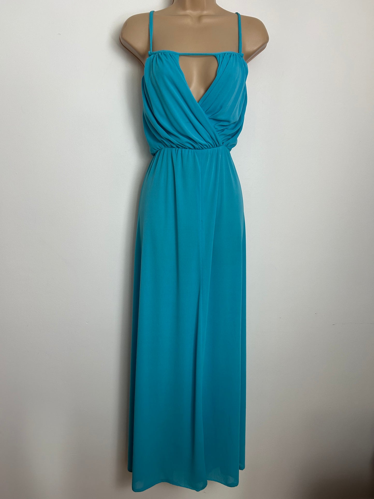 Vintage 1970s Size 12-14 MR DARREN Turquoise Cut Out Panel Strappy Summer Occasion Maxi Dress