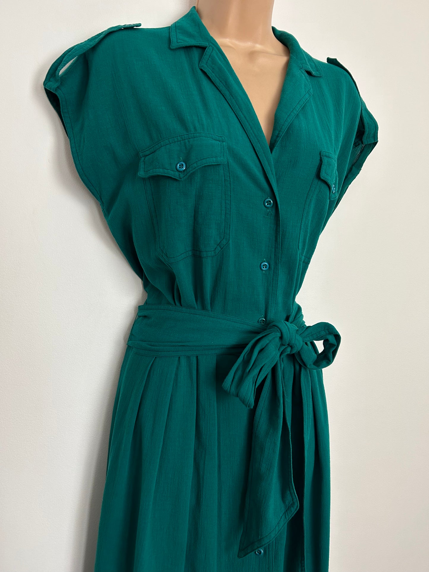 Vintage 1980s JAEGER UK Size 8 Emerald Green 100% Cotton Shirt Style Belted Midi Dress