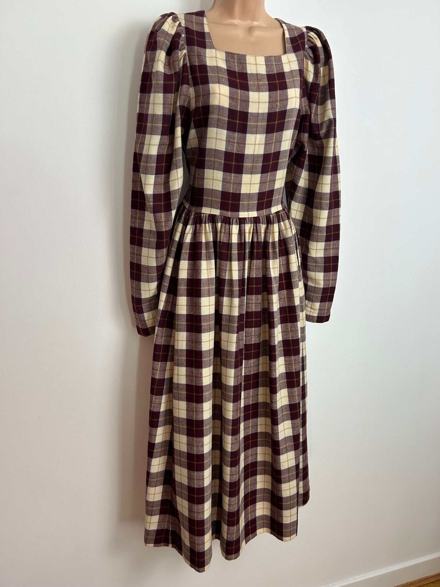 Vintage 1980s LAURA ASHLEY UK Size 10 (Size 12 On The Label) Maroon & Cream Check Print Wool & Cotton Mix Day Dress