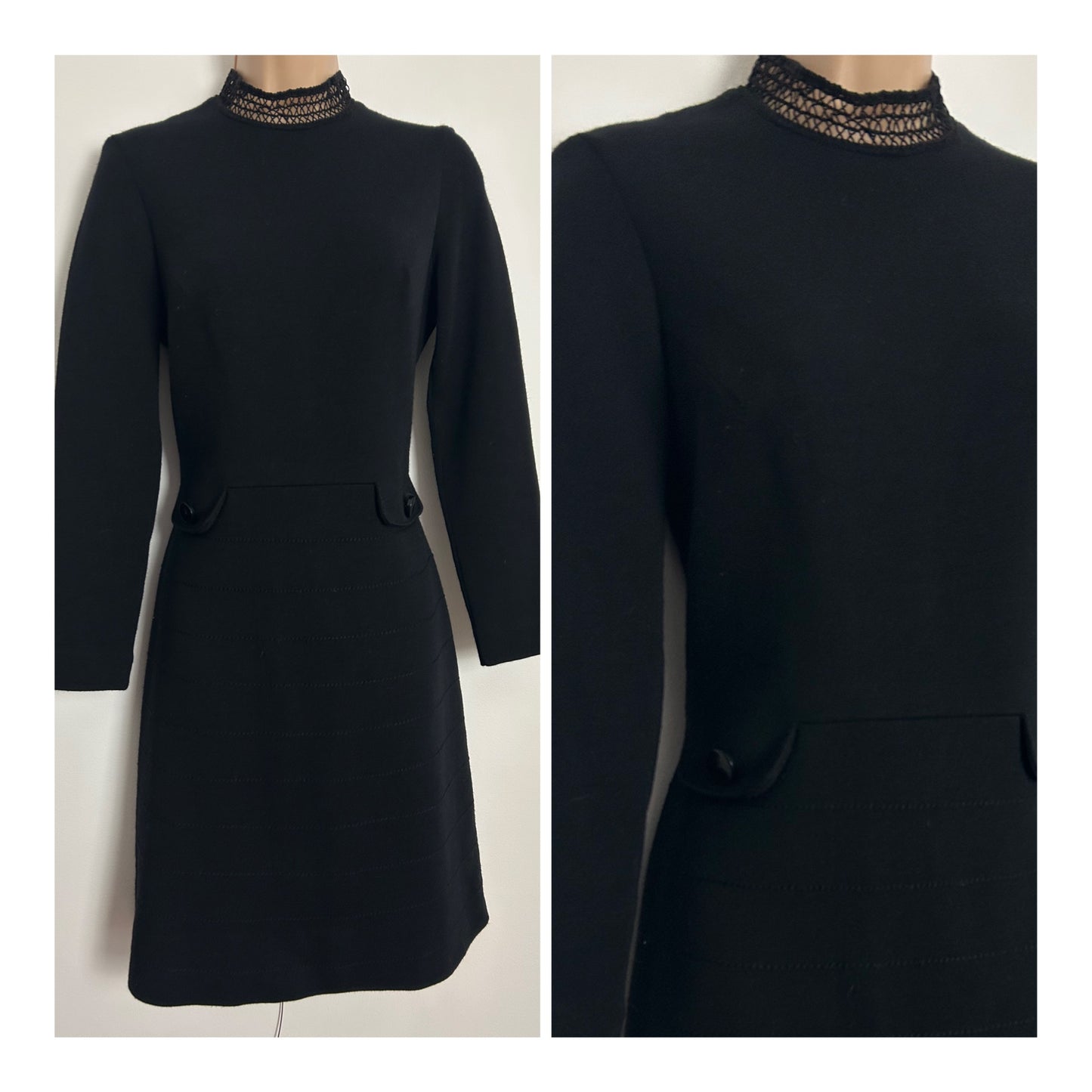 Vintage 1960s UK Size 8 Black Wool Mix Lace Trim & Pocket Detail Mod Dress