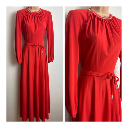 Vintage 1970 MARY HARNES Size 8-10 Coral Orange Long Sleeve Belted Occasion Maxi Dress
