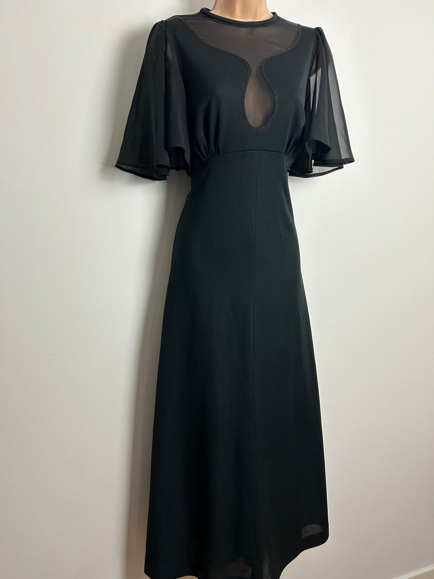 Vintage 1970s Size 12-14 Black Illusion Neck Flutter Sleeve Occasion Evening Maxi Dress