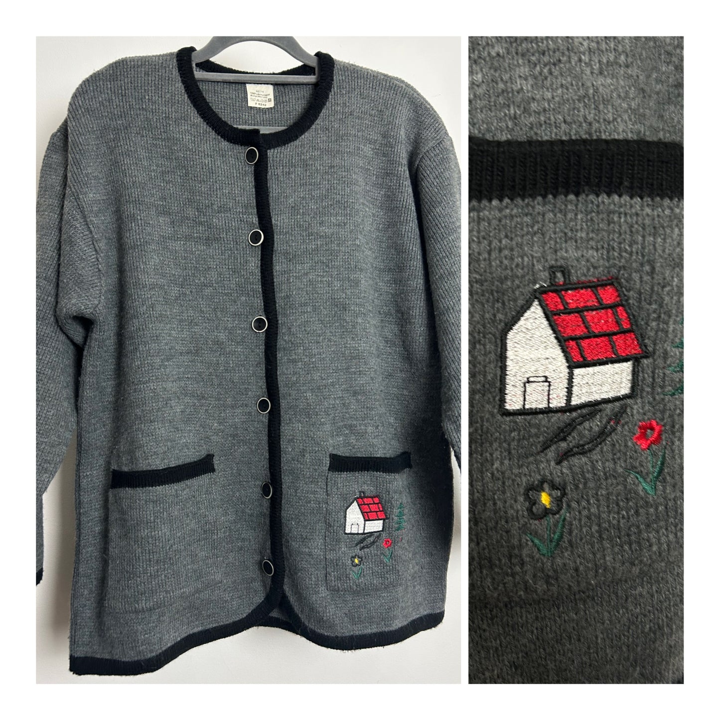 Vintage 1980s Up To Size 14 Grey Embroidered Cottage Pocket Detail Cardigan