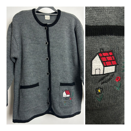 Vintage 1980s Up To Size 14 Grey Embroidered Cottage Pocket Detail Cardigan