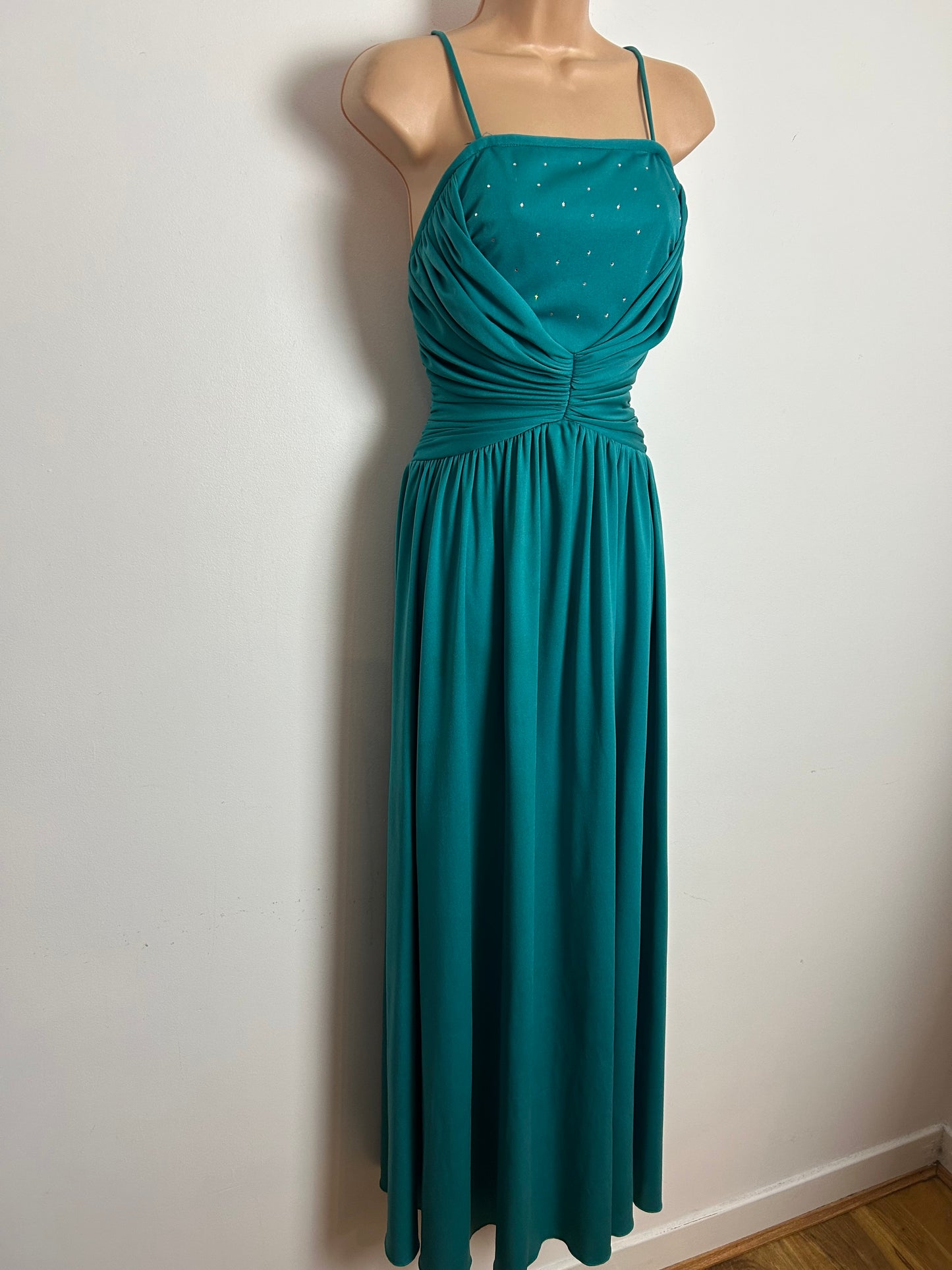 Vintage 1970s Size 6 Jade Green Strappy Diamante Detail Ruched Bodice Evening Party Maxi Dress