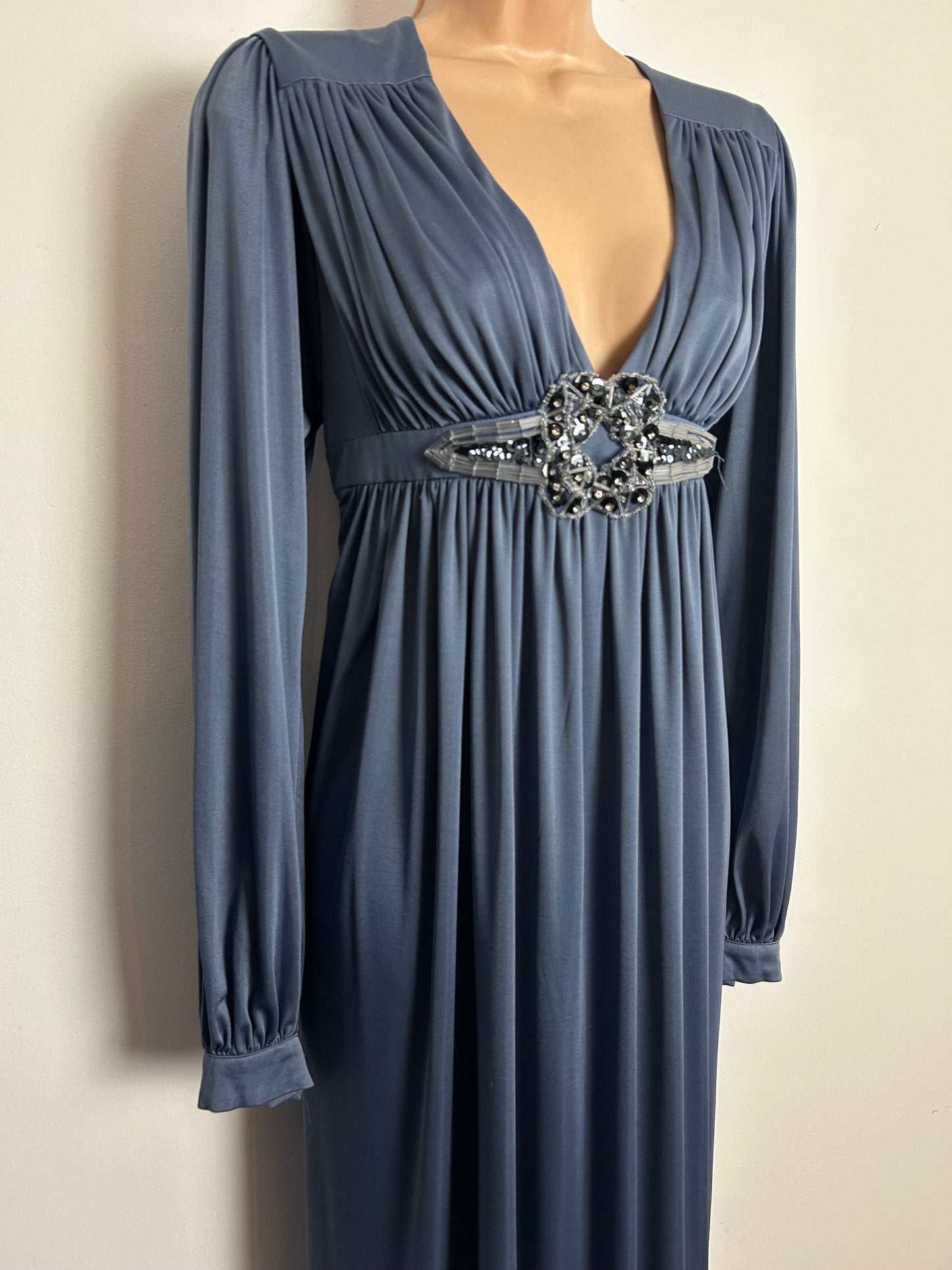 Vintage Early 1970s RARE COLIN GLASCOE Size 10-12 Pewter Gather Pleated Bead Applique Long Sleeve Maxi Dress