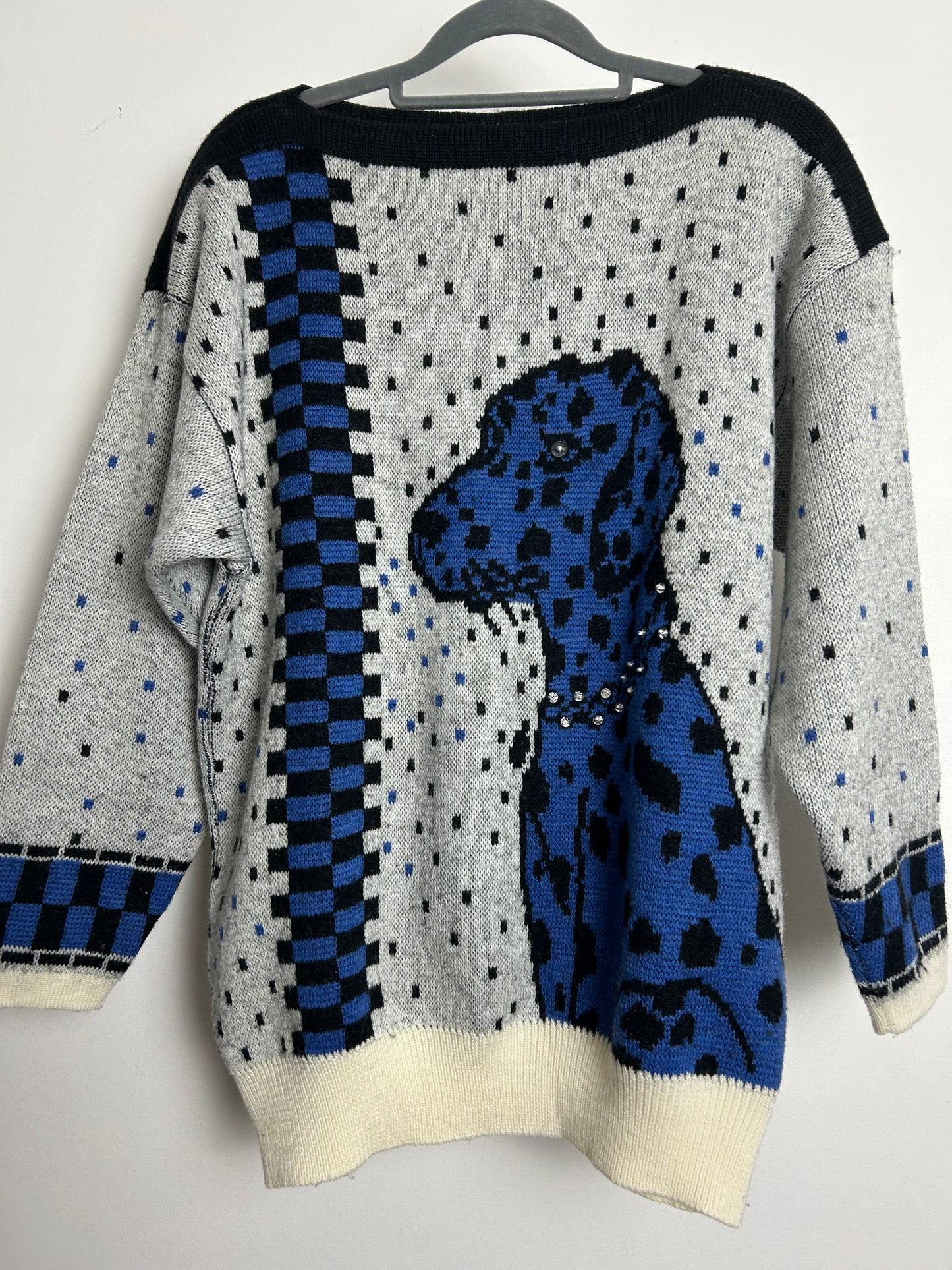 Vintage 1980 1990s Up To Size 14/16 Grey Black & Blue Dalmatian Dog Sequin & Bead Detail Long Sleeve Jumper