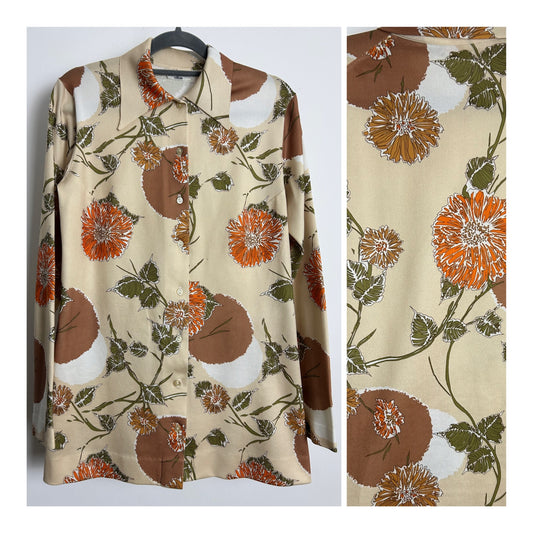 Vintage 1970s VITOS Size 14 Cream Brown & Orange Floral Print Long Sleeve Longer Length Shirt
