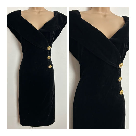 Vintage 1980s REGINE UK Size 12 Black Velvet Bardot Fitted Cocktail Party Evening Dress