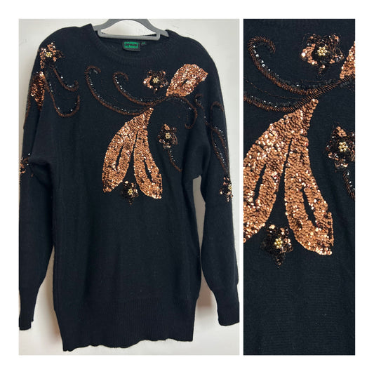 Vintage 1980s BLUHMOD Up To Size 14 Black Lambswool & Angora Mix Sequin Detail Jumper