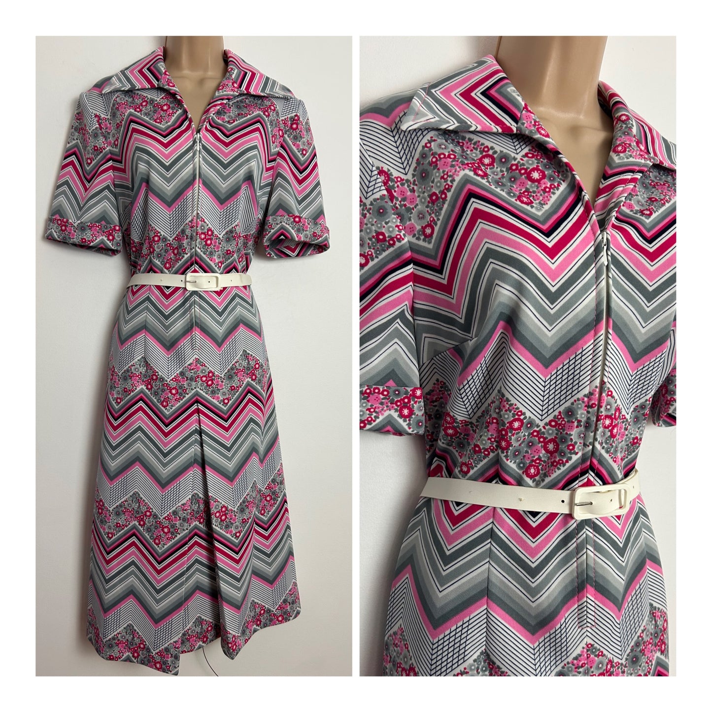 Vintage 1970s Size 12-14 Pink Grey & White Floral & Zig Zag Stripe Zip Front Belted Fit & Flare Mod Dress