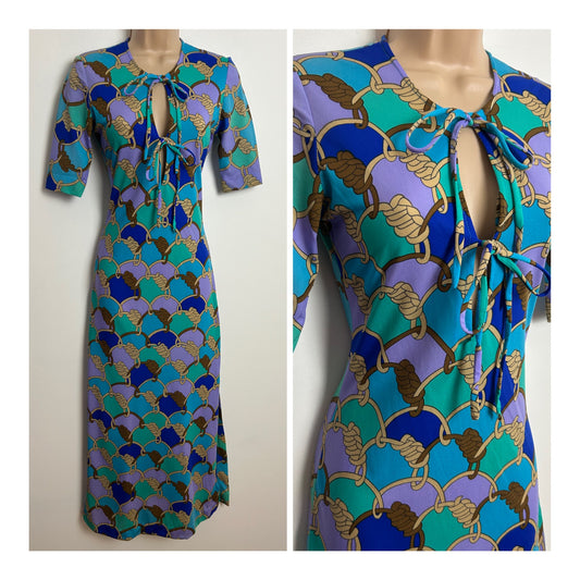 Vintage 1970s GOTTEX UK Size 6-8 Blue Turquoise & Lilac Rope Print Short Sleeve Double Tie Front Maxi Dress