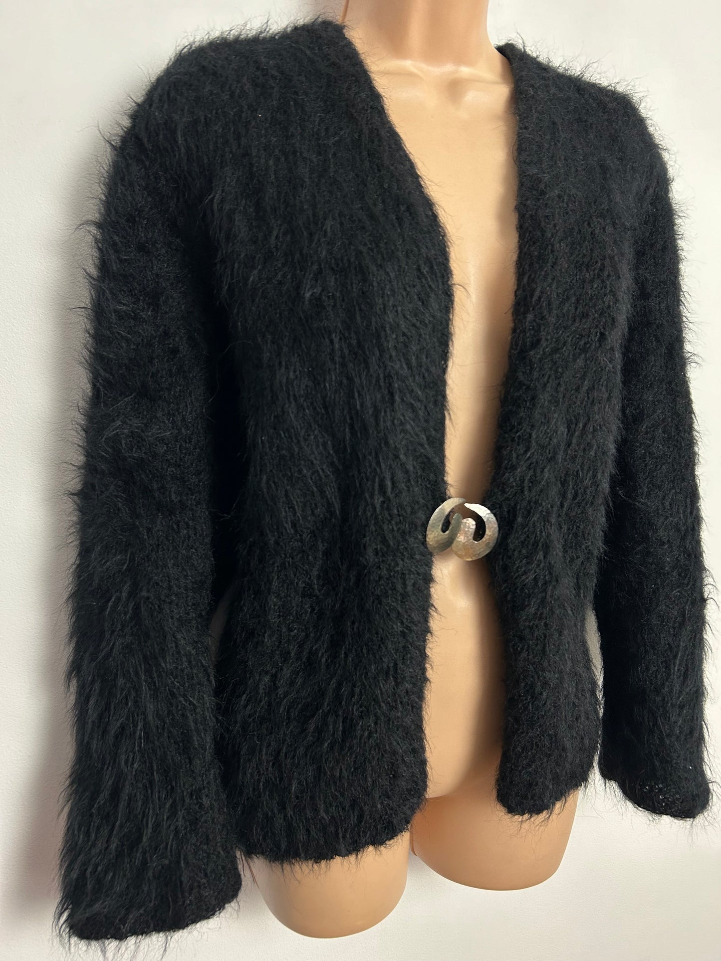 Vintage 1980s One Size Up To Size 16 Black Mohair Silver Tone Clasp Cardigan