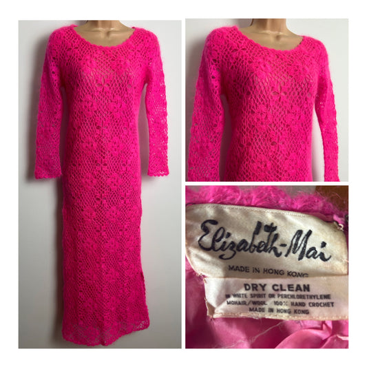 Vintage 1960s ELIZABETH MAI Made In Hong Kong Size 10-12 Beautiful Hand Crochet Hot Pink 100% Mohair Fully Lined Maxi Dress