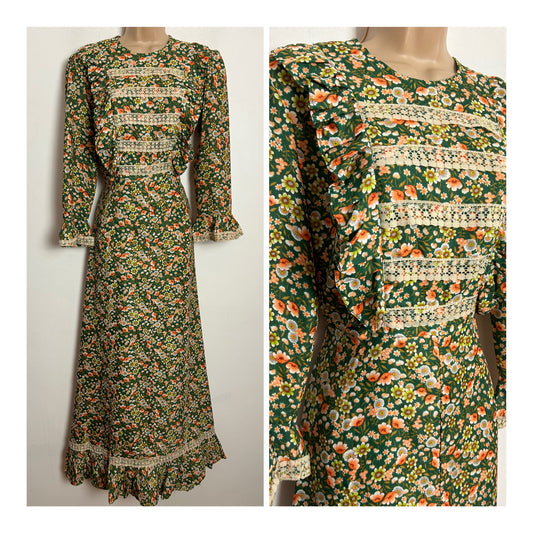 Vintage 1970s UK Size 10 Pretty Green & Orange Floral Print Lace Trim Prairie Maxi Dress