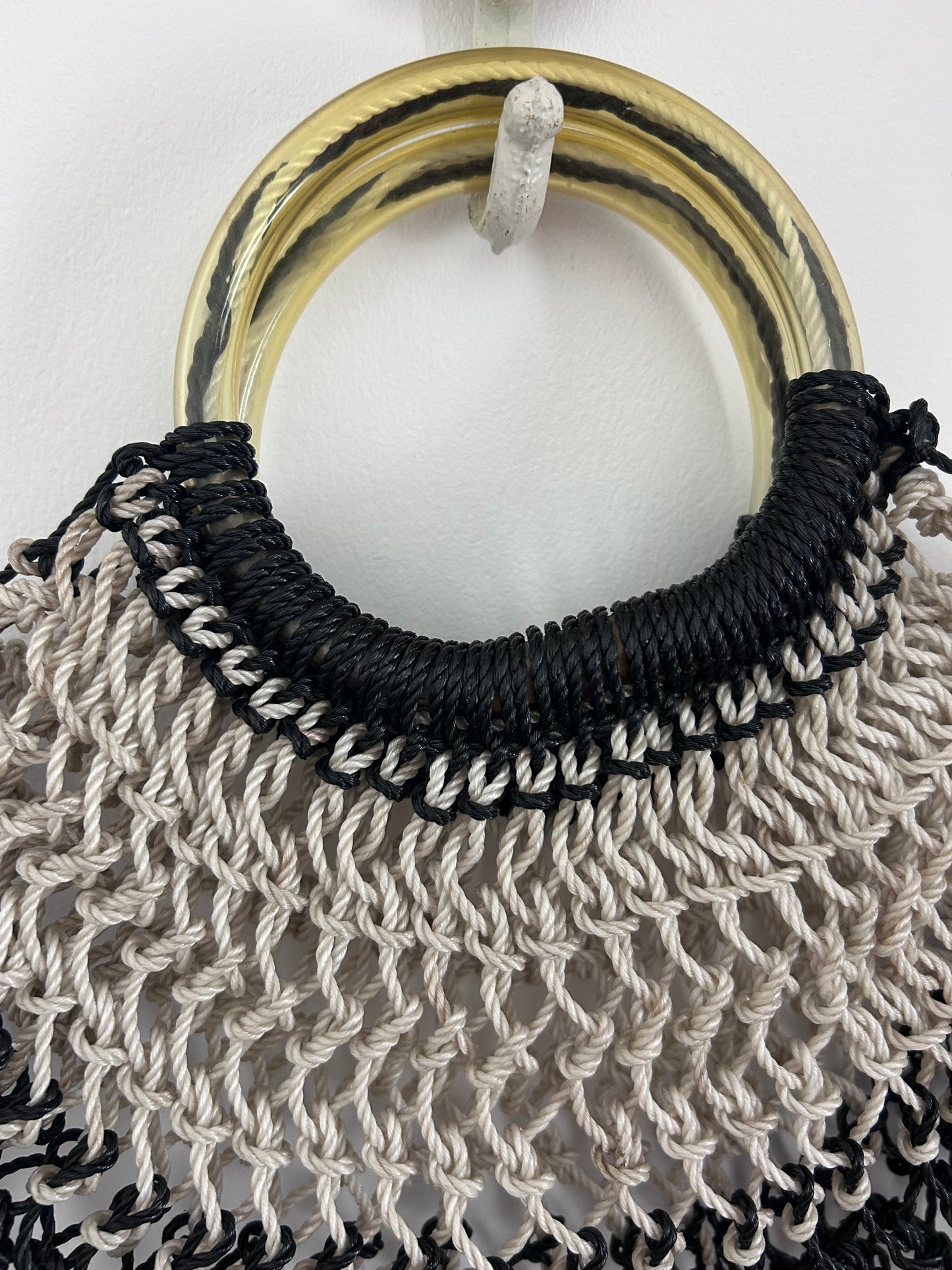 Vintage Late 1950s Black & White Plastic String Woven Macrame Style Plastic Handled Shopping Bag