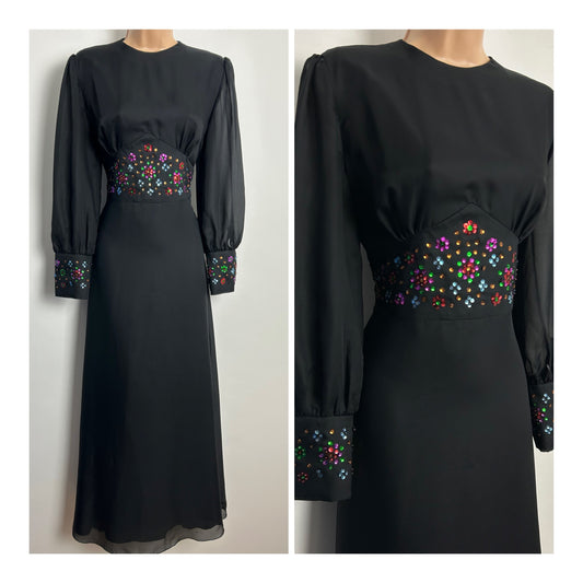 Vintage 1970s KLEEMIER HOFF Size 10 Black Chiffon Multicolour Sequin Detail Long Sleeve Occasion Maxi Dress
