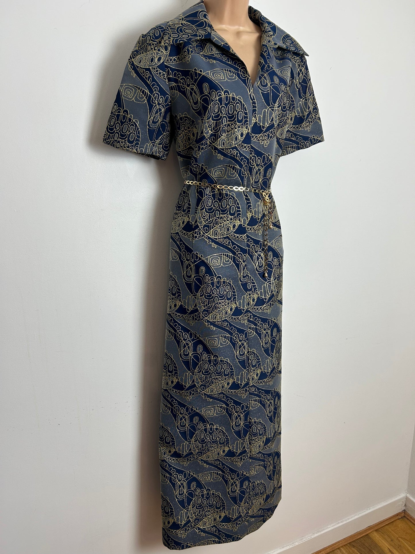 Vintage 1970s size 14 Blue & Gold Tones Abstract Print Belted Occasion Evening Maxi Dress