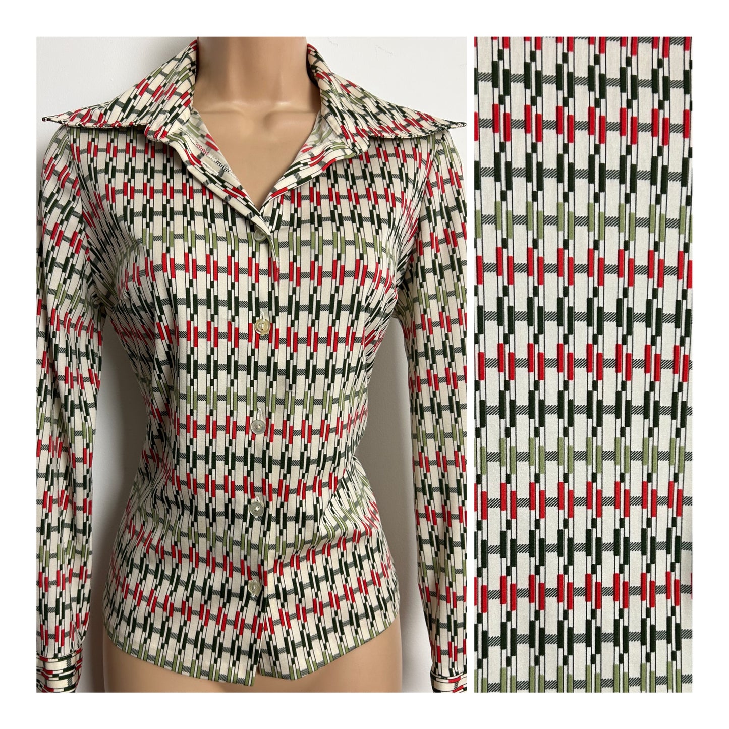 Vintage 1970s Size 10 Cream Green & Red Stripe Print Long Sleeve Shirt