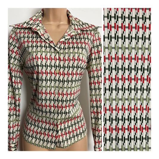 Vintage 1970s Size 10 Cream Green & Red Stripe Print Long Sleeve Shirt