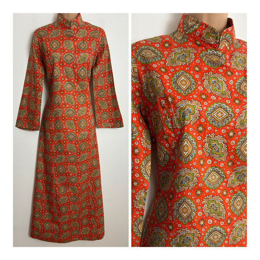 Vintage 1970s Size 10-12 Orange Green & Blue Nouveau & Polka Dot Print Long Sleeve Cotton Maxi Dress