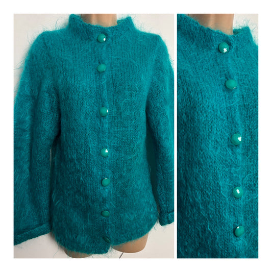 Vintage 1980s Size 8-10 Dark Turquoise Mohair Mix Long Sleeve Cardigan