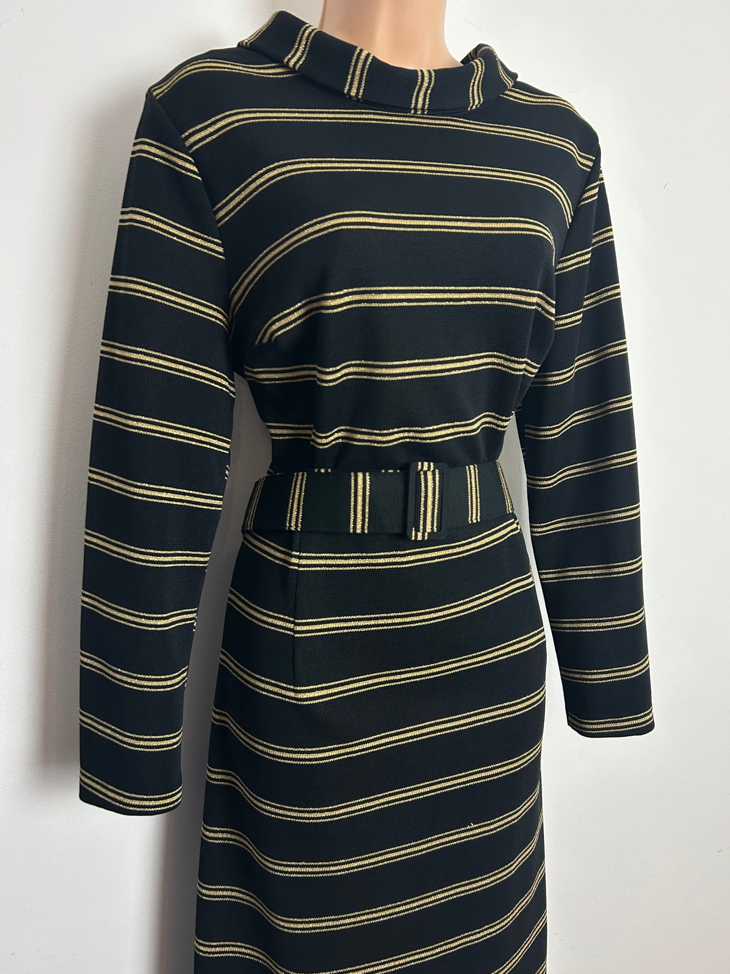 Vintage 1970s Size 14 Black & Metallic Gold Stripe Print Belted Evening Maxi Dress