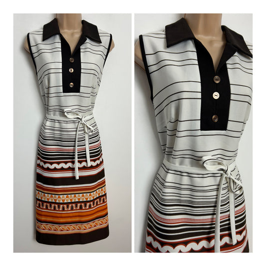 Vintage 1970s Size 12-14 White Brown & Orange Stripe Print Sleeveless Belted Mod Dress