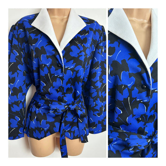 Vintage 1980s Size 16-18 Blue & Black Abstract Floral Print Long Sleeve Belted Blouse/Top