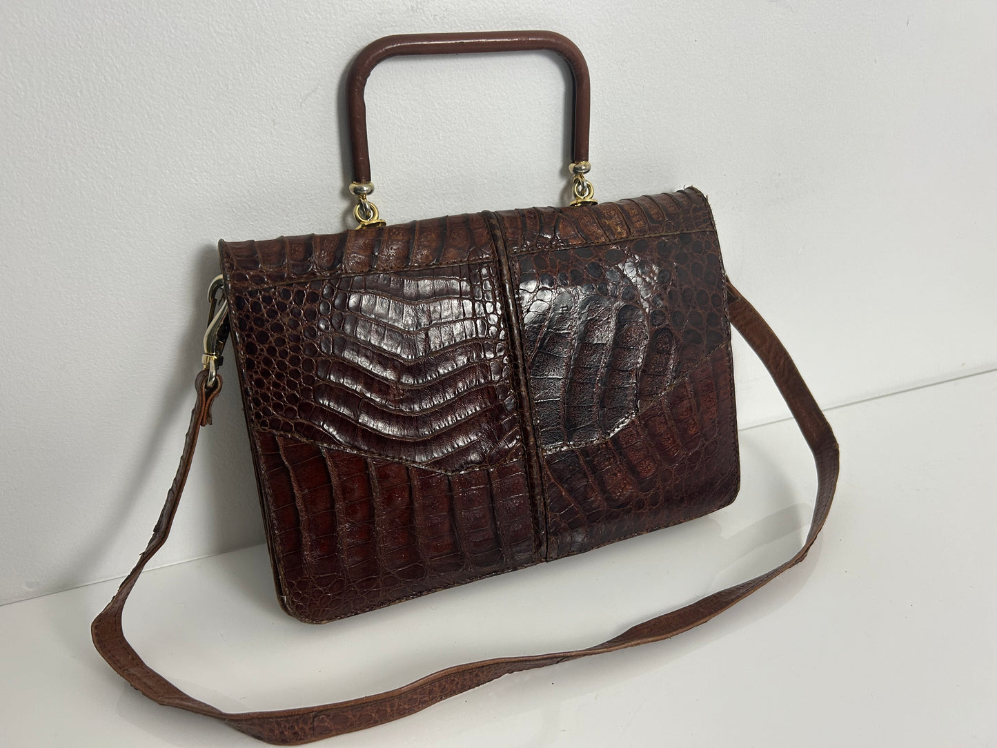 Vintage Late 1960s Early 1970s Brown Mock Croc Leather Handbag Or Shoulder Strap