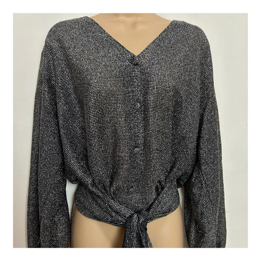 Vintage 1980s UK Size 14-16 Black & Silver Lurex Tie Fronted Party Blouse/Top