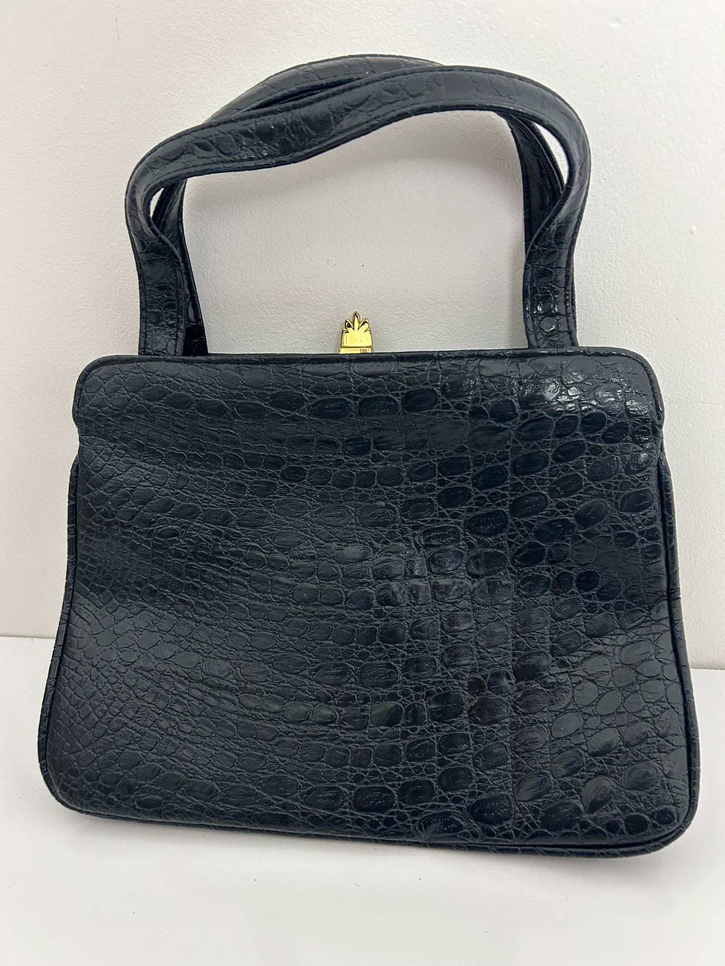 Vintage 1960s Black & Very Dark Blue Mock Croc/Alligator Vinyl Kelly Style Handbag