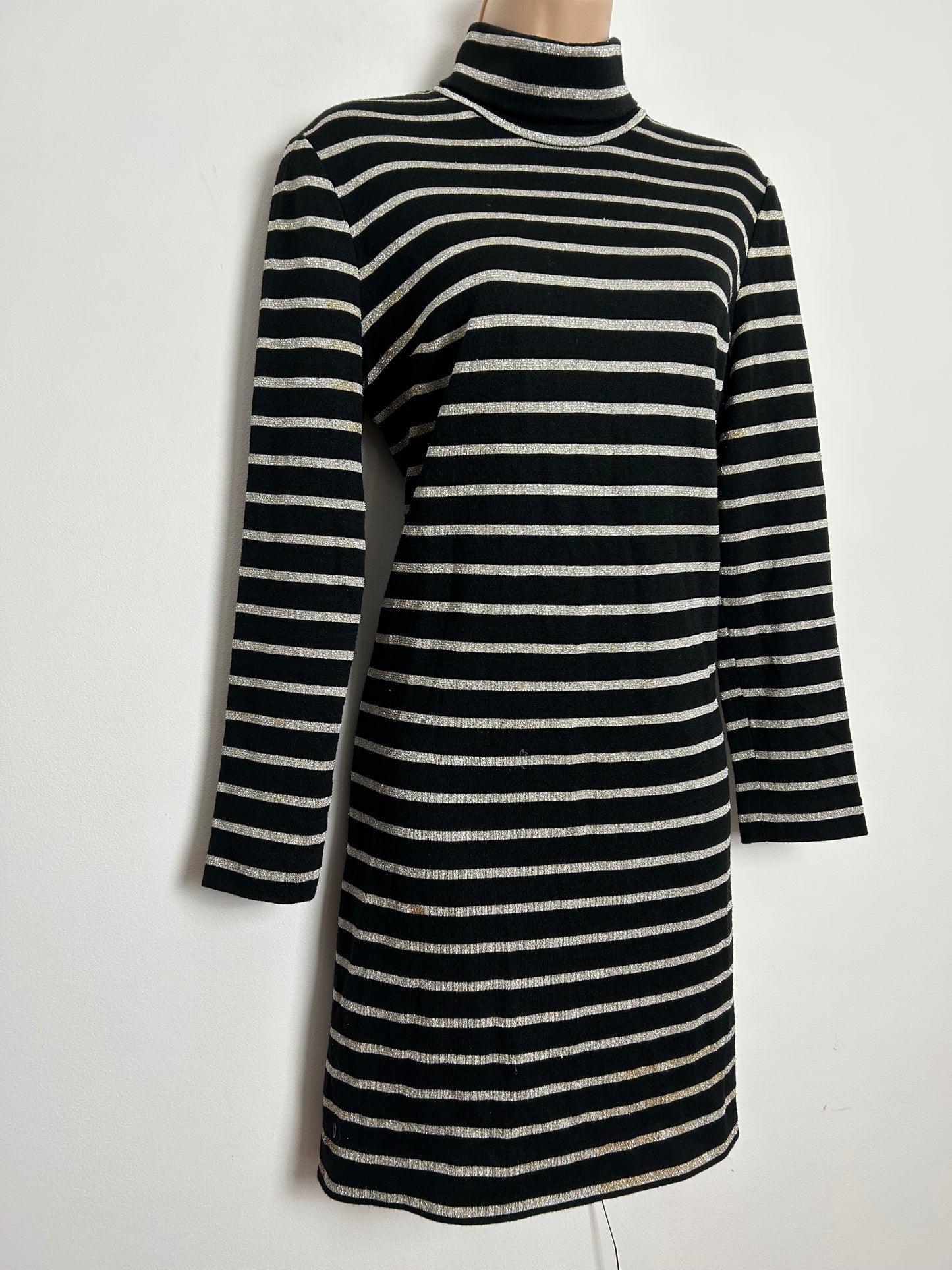 Vintage Early 1970s JOHN MARKS Size 12 Black & Glittery Silver Stripe Print Long Sleeve Party Shift Dress