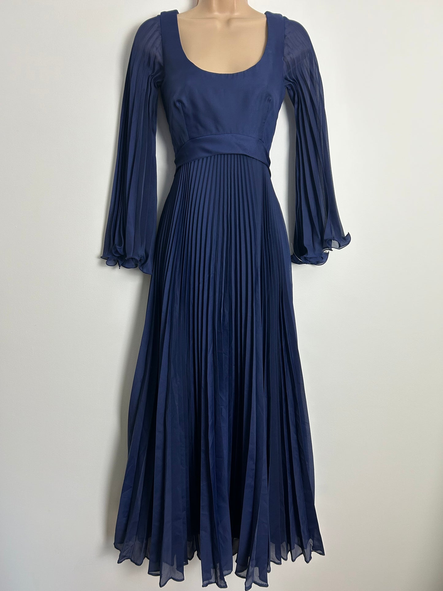Vintage 1970s UK Size 6 Navy Blue Pleated Long Sleeve Empire Line Occasion Maxi Dress
