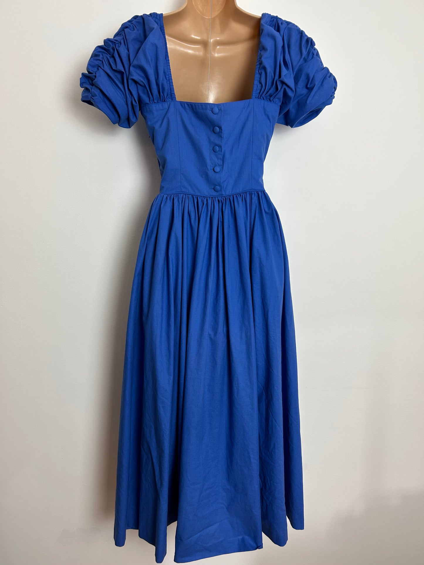 Vintage 1980s LAURA ASHLEY UK Size 6/8 (12 On Label) Blue Ruched Puff Sleeve Gather Pleated Cotton Midi Dress