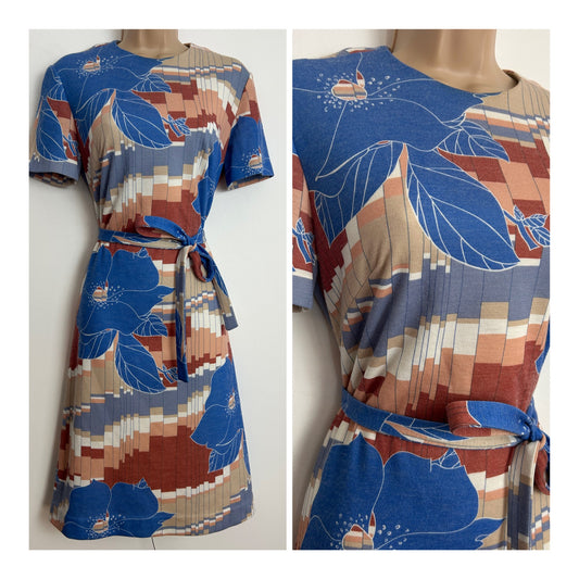 Vintage 1960s Size 12 Blue Brown & Beige Tones Abstract Floral Print Wool Mix Belted Day Dress