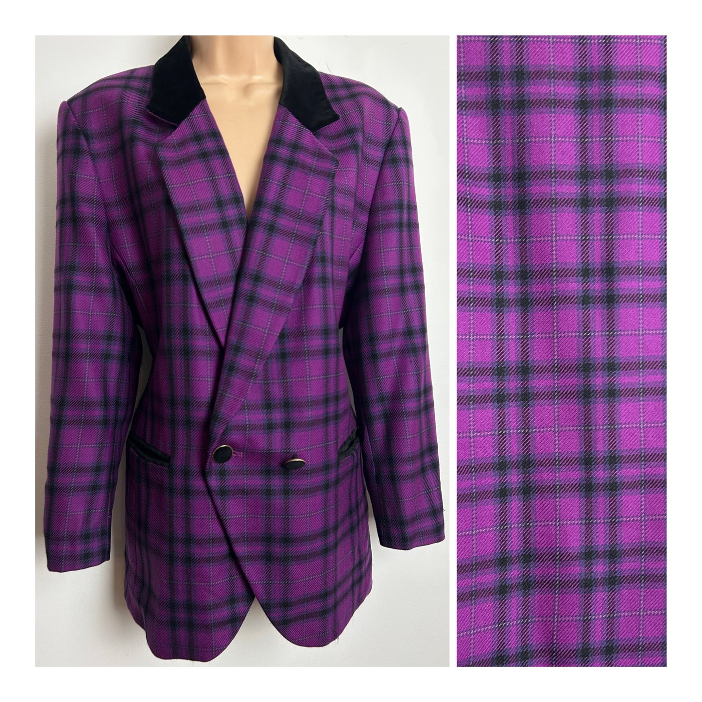 Vintage 1980s YOUR SIXTH SENSE Size 14-16 Purple All New Wool Check Blazer With Velvet Trim