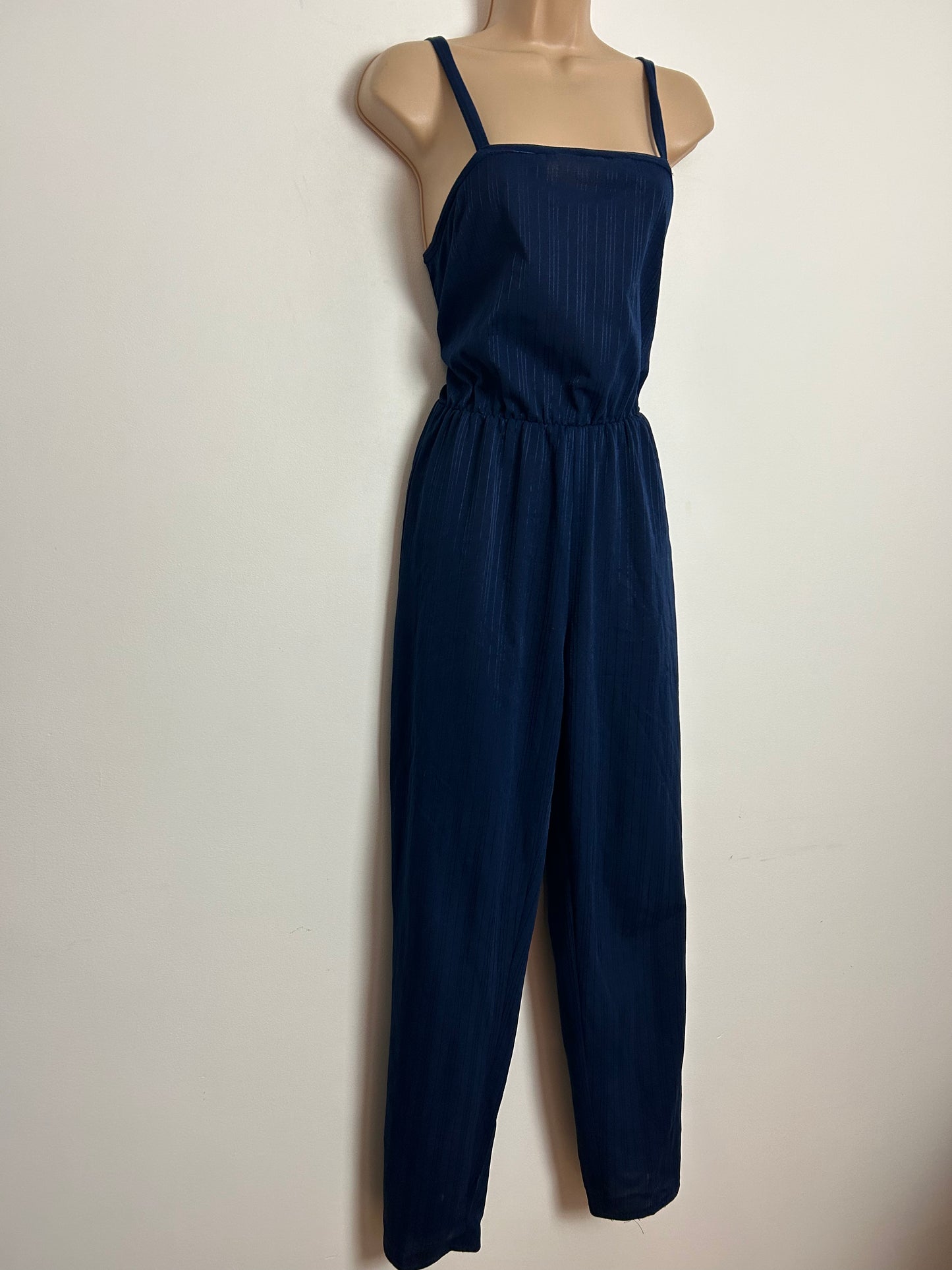 Vintage 1980s C&A UK Size 8 Navy Blue Pinstripe Strappy Tapered Leg Jumpsuit