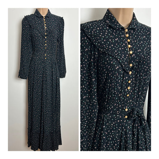 Vintage 1970s ELKONT Size 8 Black Cheesecloth Ditsy Floral Print Belted Boho Maxi Dress