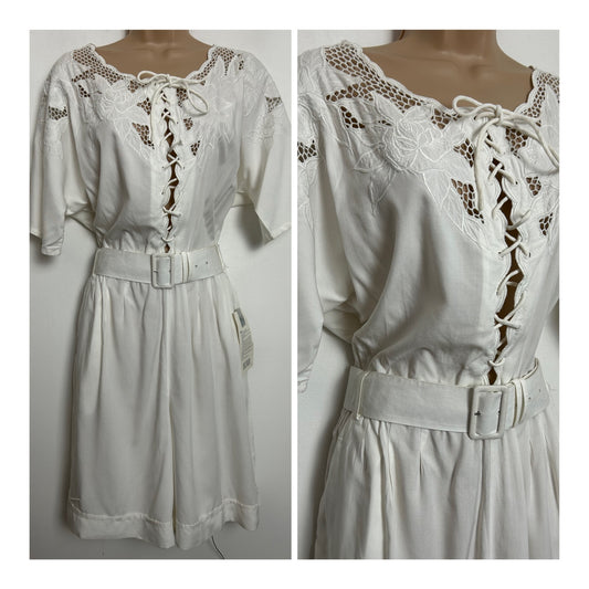 Vintage 1980s DEADSTOCK "TOGETHER" Size 10-12 White Lace Floral Embroidered Lace Up Front Belted Summer Playsuit