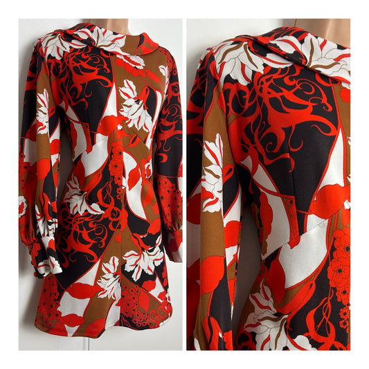 Vintage 1970s Size 12-14 Reddy Orange Brown Black & White Floral Print Long Sleeve Crimplene Mod Dress