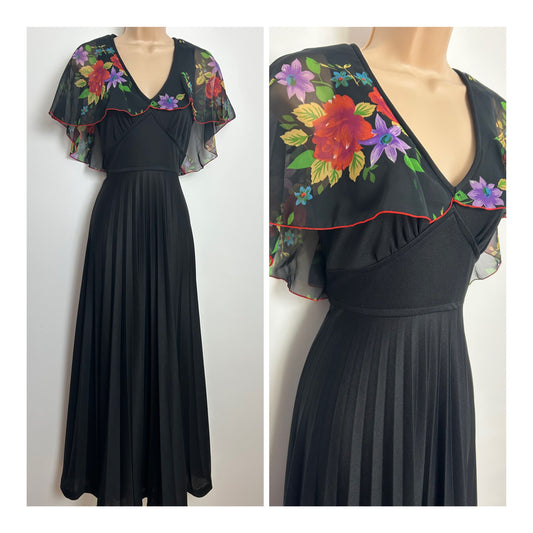 Vintage 1970s Size 8 Black Floral Chiffon Cape Sleeve Pleated Maxi Dress