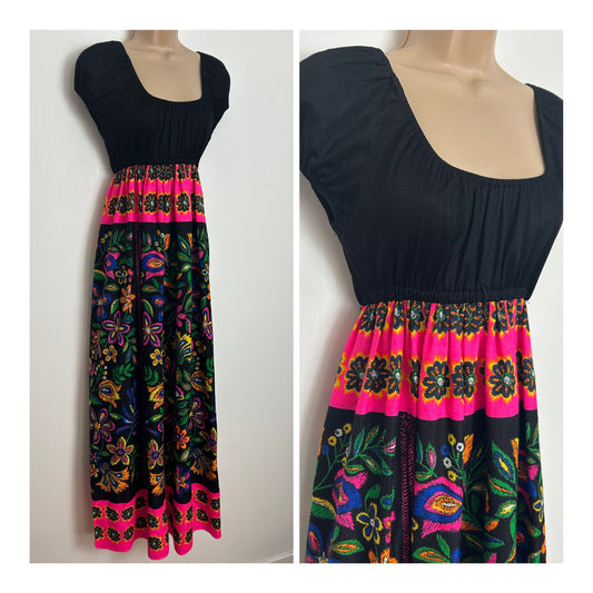 Vintage 1970s Size 8 Black Neon Pink Blue & Green Floral Print Short Sleeve Maxi Dress