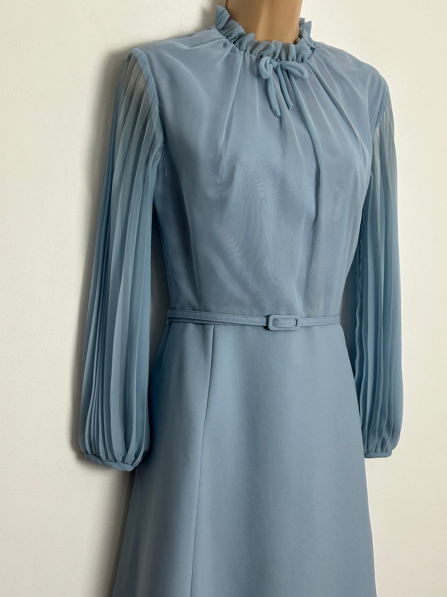 Vintage 1960s PEGGY FRENCH COUTURE UK Size 10 Powder Blue Long Pleated Sleeve Belted Dress With Matching Sleeveless Jacket