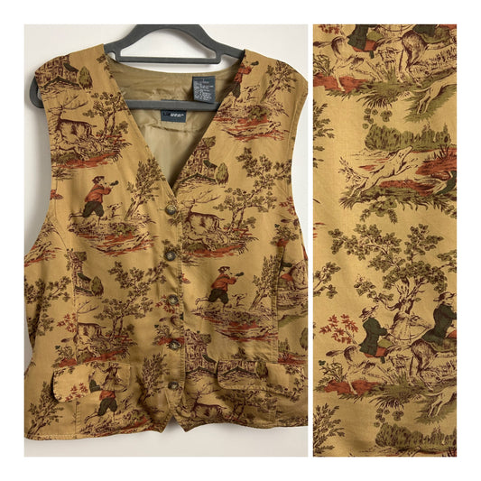 Vintage 1980s LIZ WEAR BY LIZ CLAIBORNE UK Size 12-14 Sandy Beige Deer Forest Scene Novelty Print Waistcoat