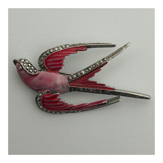 Vintage Gorgeous Silver Tone & Pink Enamel Marcasite Swallow Pin Brooch