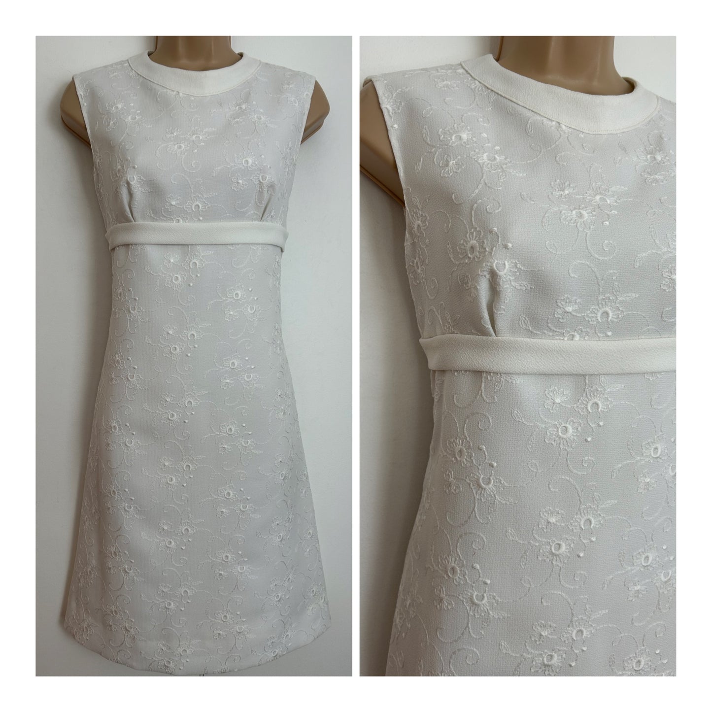 Vintage 1960s Size 6-8 White Embroidered Crimplene Summer Mod Shift Dress