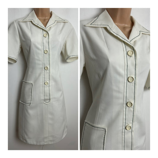 Vintage 1960s Size 8-10 White Cotton Stitch Detail Short Sleeve Mod Shift Dress